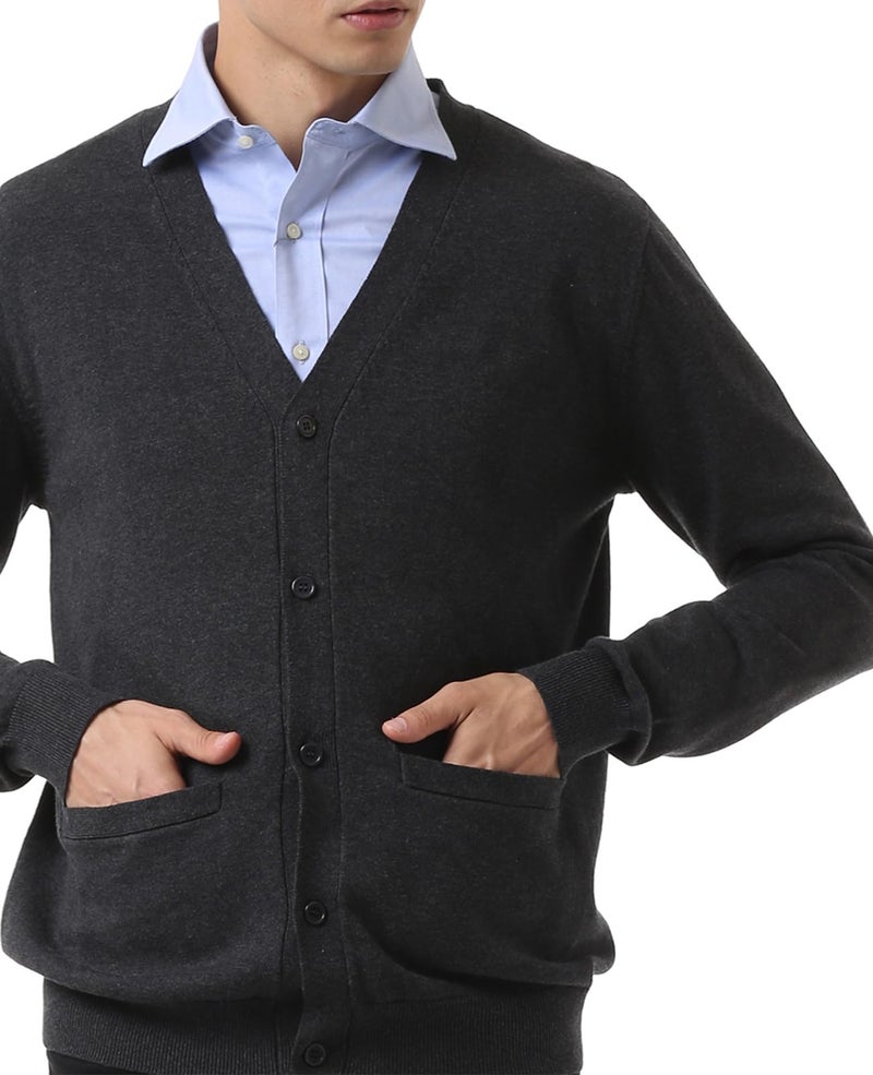 QUALFORT Men's Cardigan 100% Cotton Sweater V-Neck Button Down Knitted Outerwear with Pockets Fashion 2026 Grey Large - Image 2
